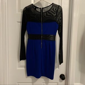 Blue long sleeve bodycon dress with mesh detailing